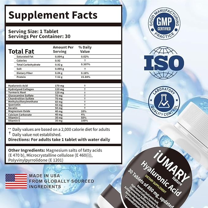 Hyaluronic Acid Supplements 850mg High Bioavailable Dietary Hyaluronic Acid - Advanced Joint Support with Hydrolyzed Collagen Turmeric Glu-cosamine MSM Vitamin C – 30 Tablets（Pack of 3）