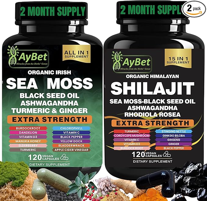 Sea Moss &amp Himalayan Shilajit Supplement Combo–Herbal Formula with Black Seed Oil Ashwagandha Rhodiola Turmeric Ginger – Mineral Antioxidant Support–Organic Halal Vegan Capsules–240 Count