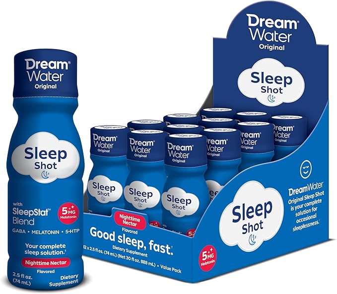Dream Water Sleep Aid Supplement Drink Melatonin 5mg GABA 5-HTP 2.5 oz Sleep Water Snoozeberry + Nighttime Nectar 24-Pack
