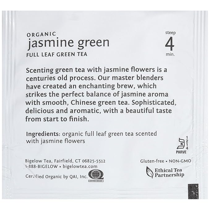 Steep Café Organic Jasmine Green Tea 50 Bags per Box Single Source Premium Whole Leaf Teas in a Sachet Pyramid Bag Individually Wrapped in a Foil Pouch Hot or Iced by Bigelow Tea
