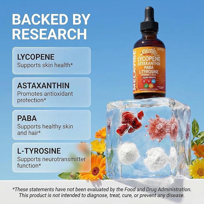 MelaVibe Astaxanthin Internal Tanning Liquid Drops Lycopene PABA L-Tyrosine Grape Seed Extract Vitamin a c d Drops VIT E AMLA Flax Seed Omega 3 Copper Peach Mango Flavor By Clean Nutra
