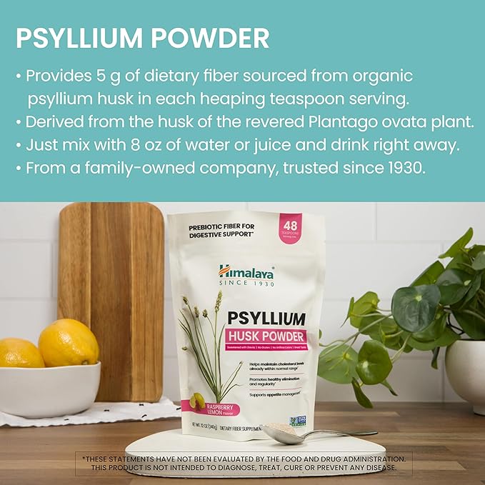 Himalaya Raspberry Lemon Psyllium Husk Powder Daily Fiber Supplement for Digestive Health &amp Regularity Sugar-Free Gluten-Free Vegan No Artificial Colors Easy-to-Mix 12 oz (340 g)