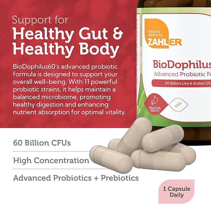 Zahler BioDophilus60 60 Billion CFU Probiotic + Prebiotic - 11 Strains Daily Probiotic Supplement - Kosher Probiotics for Women for Digestive Health Probiotics for Men for Gut Health (60 Capsules)