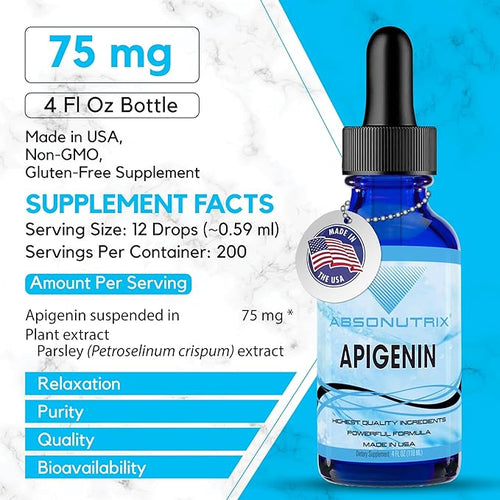 Absonutrix Apigenin 75 mg per Serving 4 Fl Oz Bottle 200 Potent Servings Made in USA Quick Absorption Quality Potent Ingredients Non-GMO GMP Certified Facility Cruelty-Free Products