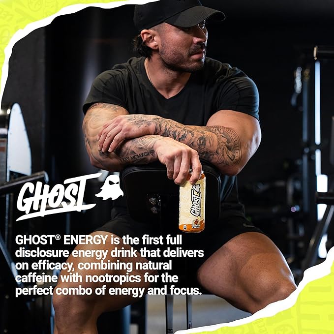 GHOST Energy Drink - 12-Pack Orange Cream 16oz Cans - Energy &amp Focus &amp No Artificial Colors - 200mg of Natural Caffeine L-Carnitine &amp Taurine - Gluten-Free &amp Vegan
