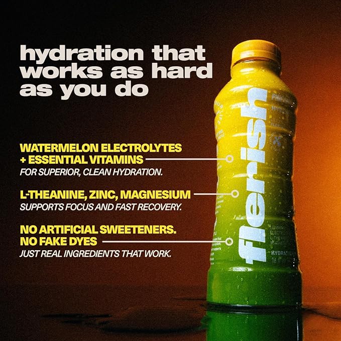 FLERISH Enhanced Hydration Drink Pineapple Flavor - Watermelon Based Electrolytes with L-Theanine &amp Magnesium 16 fl oz (Pack of 12)