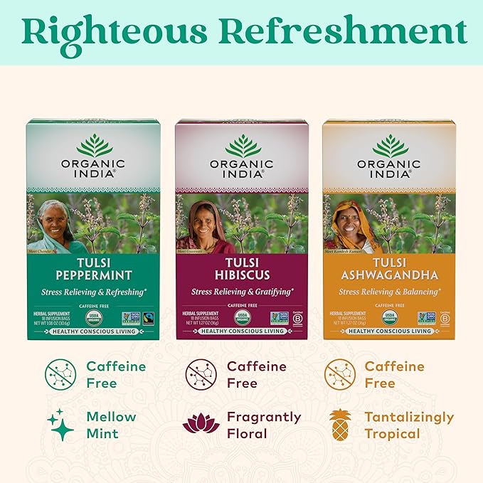 ORGANIC INDIA Tulsi Peppermint Tea - Caffeine Free Herbal Mint Tea - Stress Relieving Holy Basil Immune &amp Digestion Support Vegan USDA Certified Organic Fairtrade - 18 Infusion Bags 3 Pack