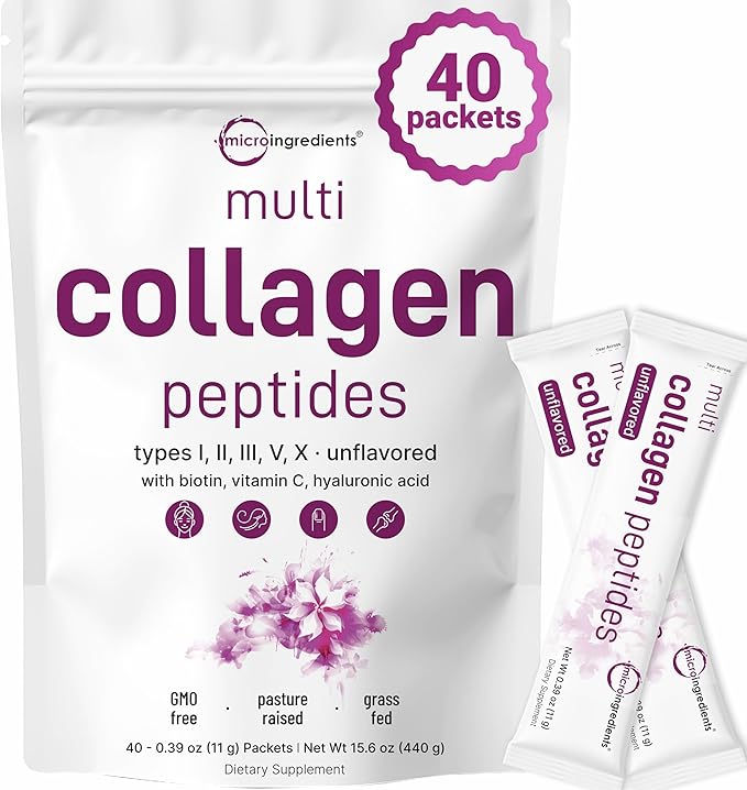 Micro Ingredients Multi Collagen Peptides Powder 40 Stick Packs | Type I II III V X + Biotin Vitamin C &amp Hyaluronic Acid | Unflavored | Supports Hair Skin &amp Joint Health | Keto Non-GMO