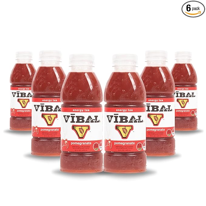 VIBAL ENERGY TEA Pomegranate 16 Fl Oz 6-Pack Natural Energy High Caffeine Ginseng Theanine Low Sugar Low Carb Low Calorie Adaptogens Nootropics