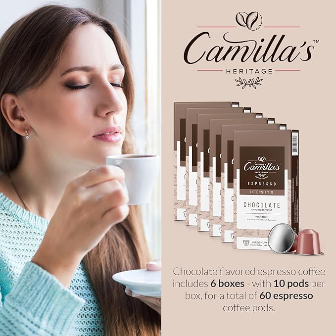 Camilla’s Heritage - Intensity 8 Chocolate Flavored Espresso Coffee Gourmet Espresso Cups 60 Coffee Pods