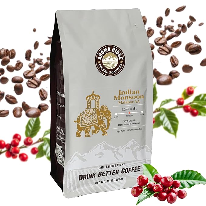 Indian Monsoon Coffee Malabar AA Distinctly Low Acidity 1lb (16ounce bag) Whole Beans Vacuum Valve Bag for Freshness