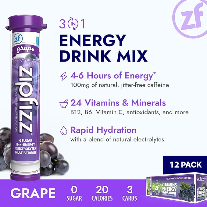 Zipfizz Daily Energy Drink Powder Grape 12 Pack | 3-in-1 Sustained Energy Rapid Hydration and Essential Vitamins | Sugar-Free | Electrolyte Powder | Contains Vitamin B-12 &amp Antioxidants
