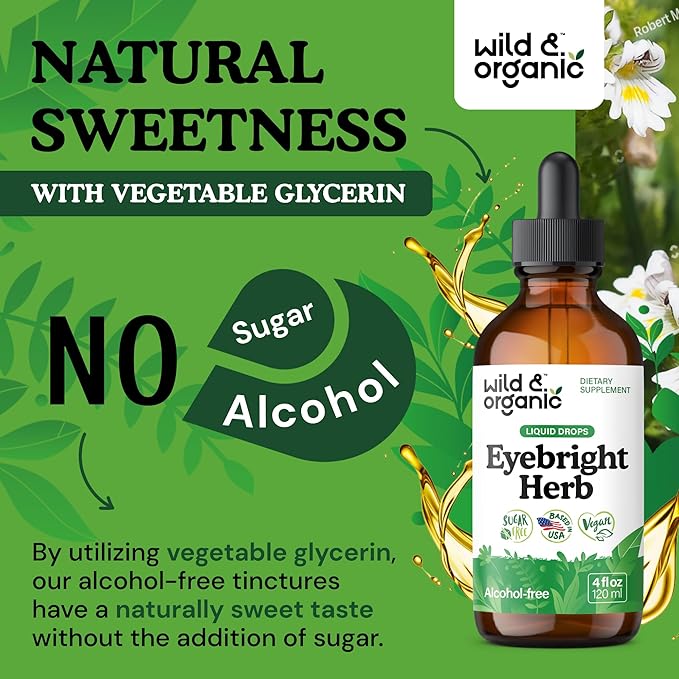Wild &amp Organic Eyebright Herb Tincture - Vision Support with Euphrasia Extract - Dietary Eyebright Drops 500 mg - Vegan Sugar &amp Alcohol-Free Liquid Supplement - 4 fl oz