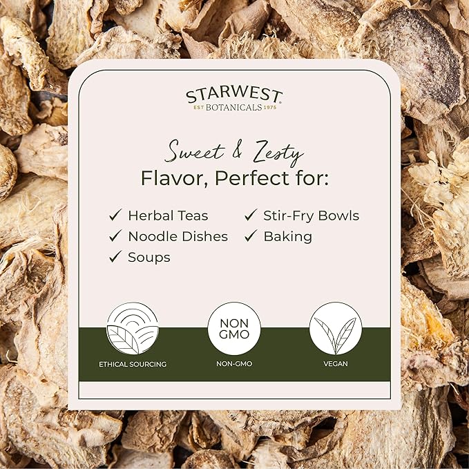 Starwest Botanicals Organic Ginger Root - Dried Ginger Herb for Tea Baking &amp Cooking Cut and Sifted Natural Herbal Spice Certified Kosher Non-GMO - Bulk 1 lb Bag