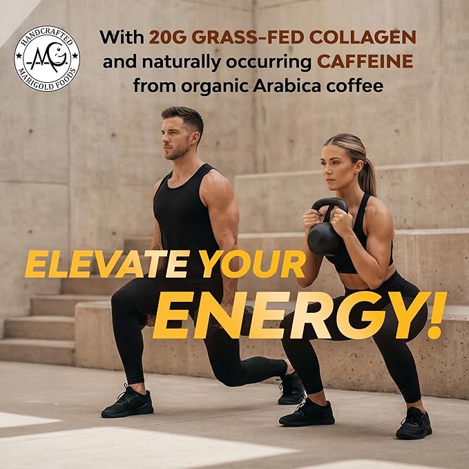 MariGold High Protein Collagen Coffee - Mocha Collagen Latte Dairy Free 20g Grass-Fed Type I &amp III Collagen Peptides Energy Boost 2 Shots Organic Espresso Non-GMO 1 Lb Bag 15 Servings