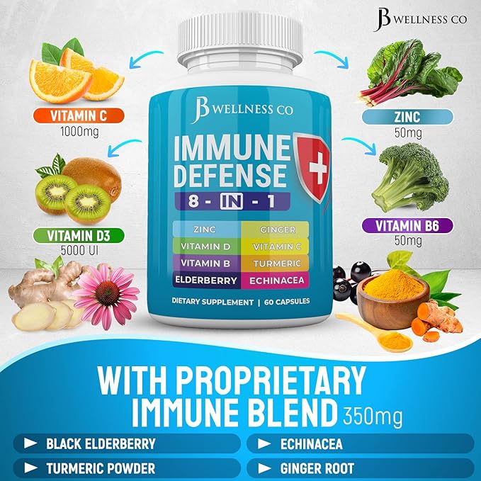 Immune Support 8 in 1 Capsules - Zinc Supplement Vitamin D3 Vitamin C and Elderberry - Immune Booster Supplement with Echinacea Ginger Root and Turmeric - [3-Pack 180 Count]