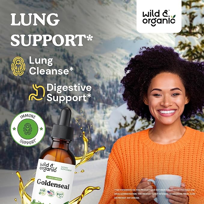 Wild &amp Organic Goldenseal Root Tincture - Lung Cleanse Immune &amp Digestive Support - Liquid Goldenseal Supplement - Vegan Sugar &amp Alcohol-Free Herb Drops - 2 fl oz