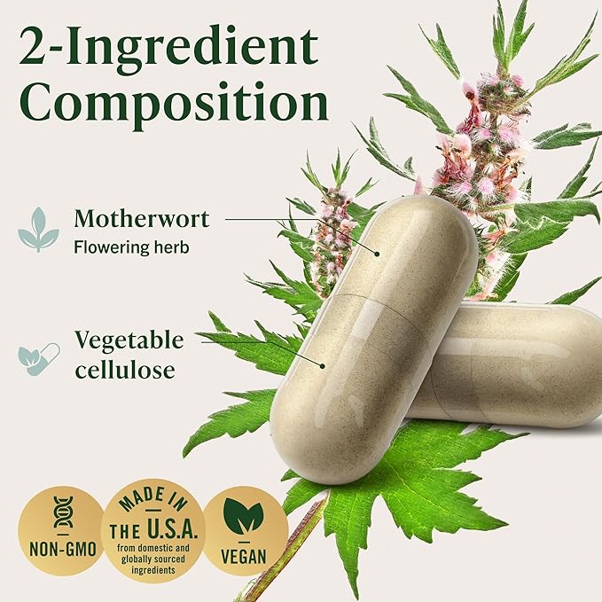 HERBAMAMA Motherwort Capsules – Natural Menopause Supplements* for Women – 1200mg Motherwort Herb Powder per Serving for Women's Mood &amp Calm Support – Vegan Non-GMO – 50-Day Supply
