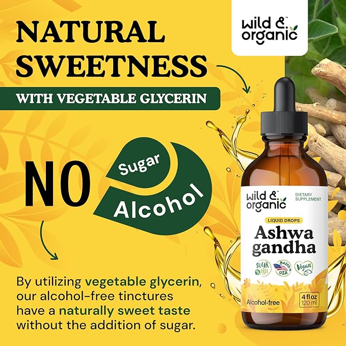 Wild &amp Organic Ashwagandha Drops - Mood Support Supplement w/Ashwagandha Root Extract - Liquid Drops for Calm Mind - Relaxation Supplements - Sugar &amp Alcohol-Free - 4 fl oz
