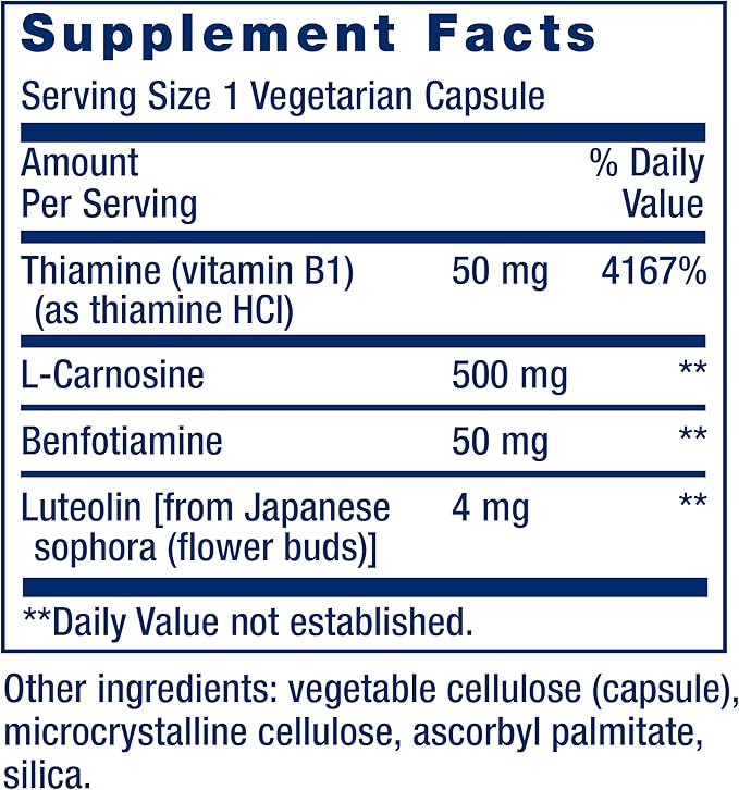 Life Extension Super Carnosine L-carnosine Luteolin Vitamin B1 Muscle Support Exercise Recovery Heart Health Gluten-Free Non-GMO Vegetarian 60 Capsules