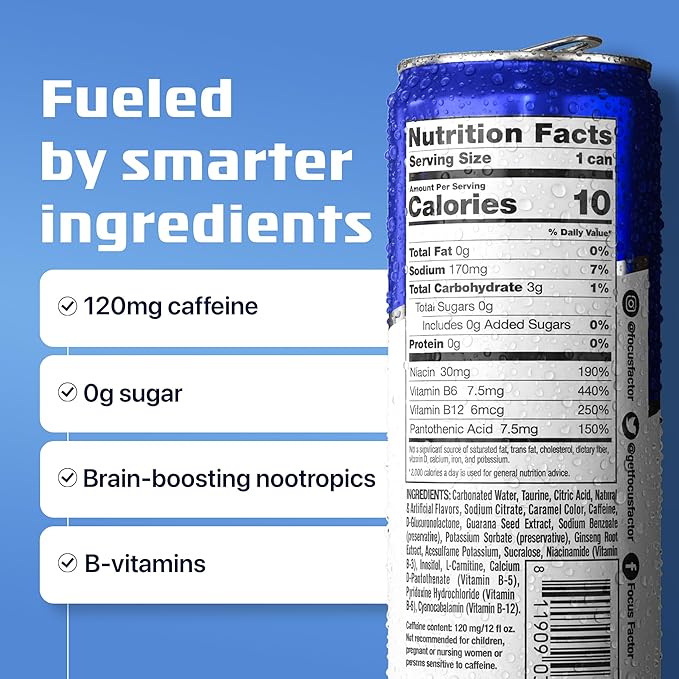 Focus Factor Energy Drink - 12 x 355ml Cans (Original Flavor) - with Focus + Energy - Lightly Carbonated Sugar Free Low Calorie with Vitamin B6 &amp Vitamin B12