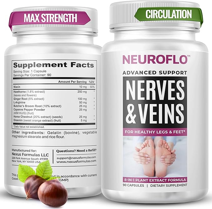 Mizzle Leg Circulation Supplement - Supports Nerves Veins with 1470mg 8 in 1 Capsule of Chestnut Diosmin Hawthorn for Maximum Relief in Toes Feet Ankles Calves Legs - Neuroflo