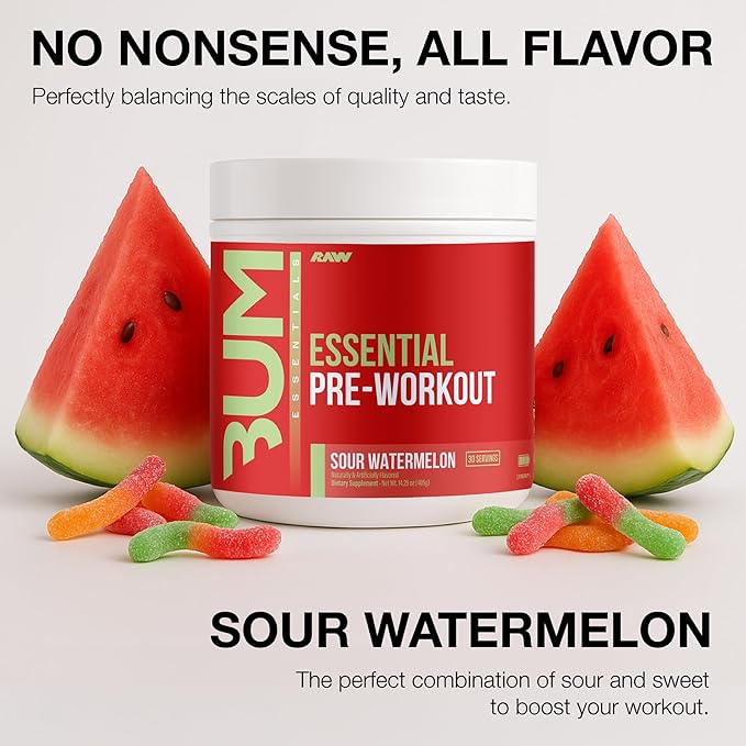 RAW Essential Pre-Workout Powder (Sour Watermelon) - Chris Bumstead Sports Nutrition Supplement for Men &amp Women - Preworkout Energy Powder with Caffeine L-Citrulline &amp Beta Alanine Blend - 2-
