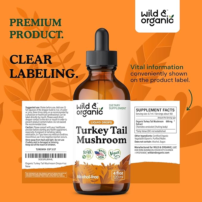 Wild &amp Organic Turkey Tail Mushroom Tincture - Immune Support Drops with Turkey Tail Extract - Liquid Mushroom Supplement for Gut Support - Vegan Sugar &amp Alcohol-Free - 4 fl oz
