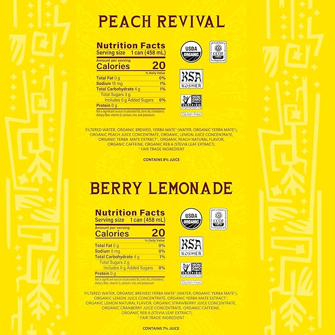 Yerba Madre Organic Yerba Mate Clean Energy Drink Alternative Bundle Peach Revival &amp Berry Lemonade Flavors 15.5 Oz (Pack of 24) 150mg Natural Caffeine Smooth Energy &amp Focus