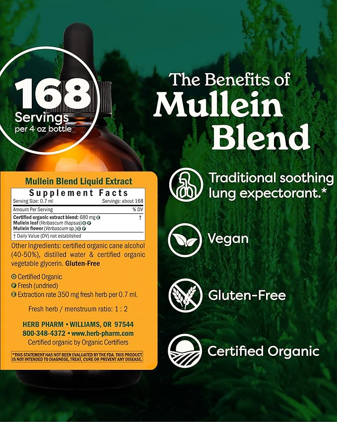 Herb Pharm Certified Organic Mullein Blend Liquid Extract for Respiratory System Support - 4 Ounce