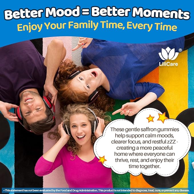 Sugar Free Saffron for Kids Teens &amp Adults Saffron Gummies Supplements for Kids Calm &amp Focus Gummies Saffron Extract with L-Theanine GABA &amp Magnesium Glycinate for Mood - No Melatonin
