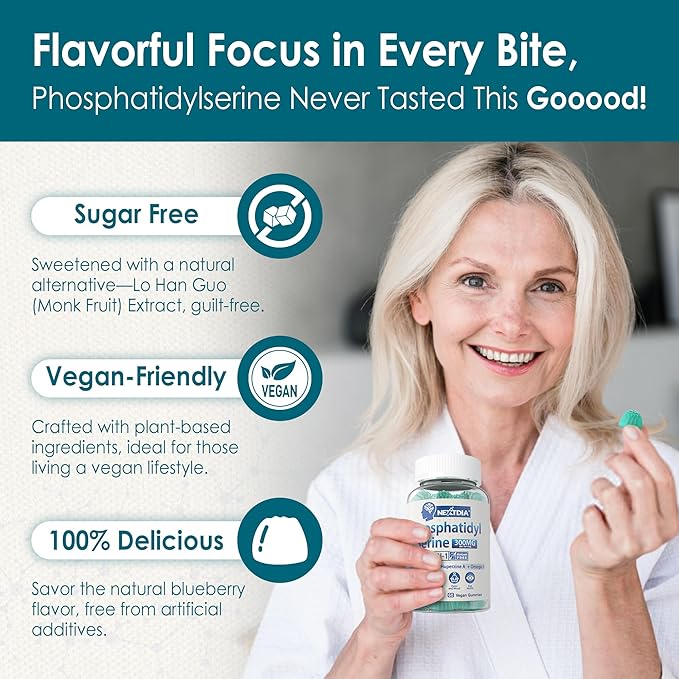 Phosphatidylserine - Nootropic Brian Supplement Focus &amp Energy Gummies + Bacopa Monnieri Omega 3 Huperzine A Methyl B12 &amp B6 for Seniors Gamers Workers Non-GMO Caffeine-Free Sugar Fre
