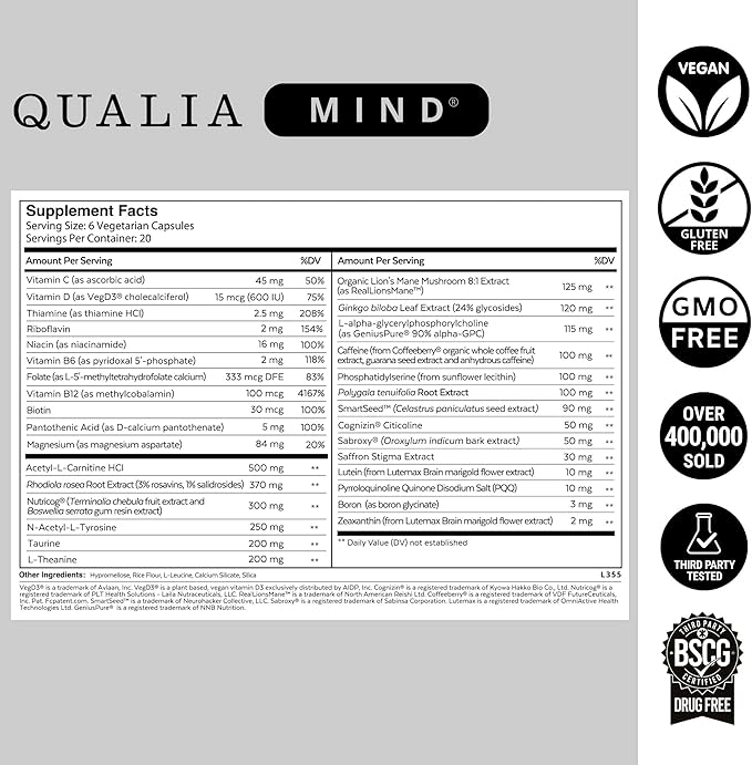 Qualia Mind | The Ultimate Blend for Brain Health* | Doctor-Formulated Nootropic to Fuel Focus &amp Concentration* | Supports Long Term Brain Health| Maintain Drive &amp Productivity