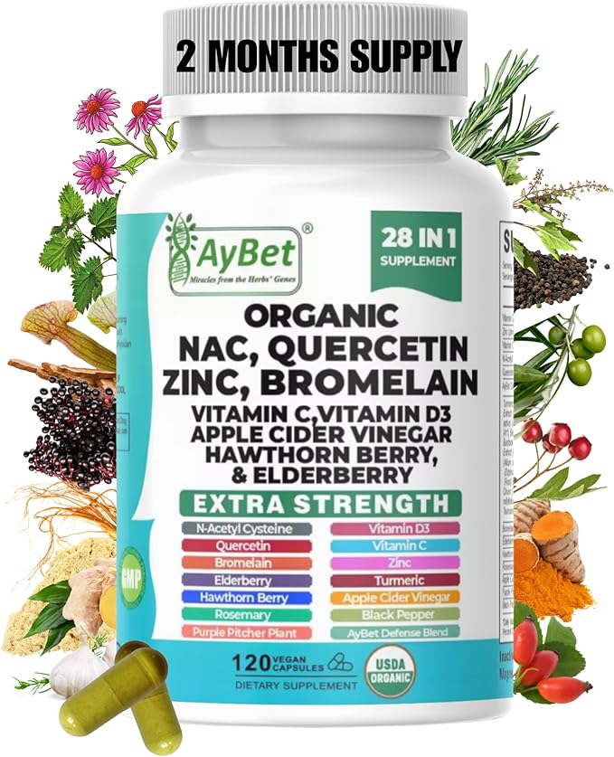 NAC-n-acetyl cysteine- Quercetin Zinc Bromelain Supplement | Extra Strength with Vit C D3 Apple Cider Vinegar Elderberry Hawthorn Berry Turmeric | Immune Support|120 Vegan Capsules | USDA Organic