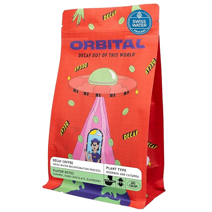 Orbital Cozy Space Decaf Coffee – Medium Roast Whole Bean Swiss Water Process Single Origin Guatemala – Smooth Non-Bitter Low Acid Clean &amp Chemical-Free Decaf for Evening Relaxation 12oz