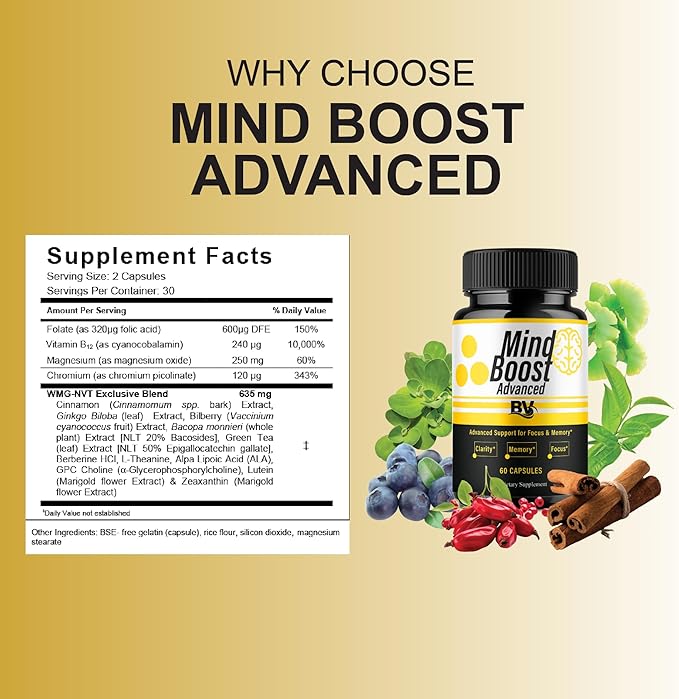 BLUE VIBE Mind Boost Premium Health &amp Wellness Nootropic Supplement MindBoost Advanced All Natural Health Management &amp Overall Wellness Support Supplement Formula Pills (5 Pack - 300 Capsules