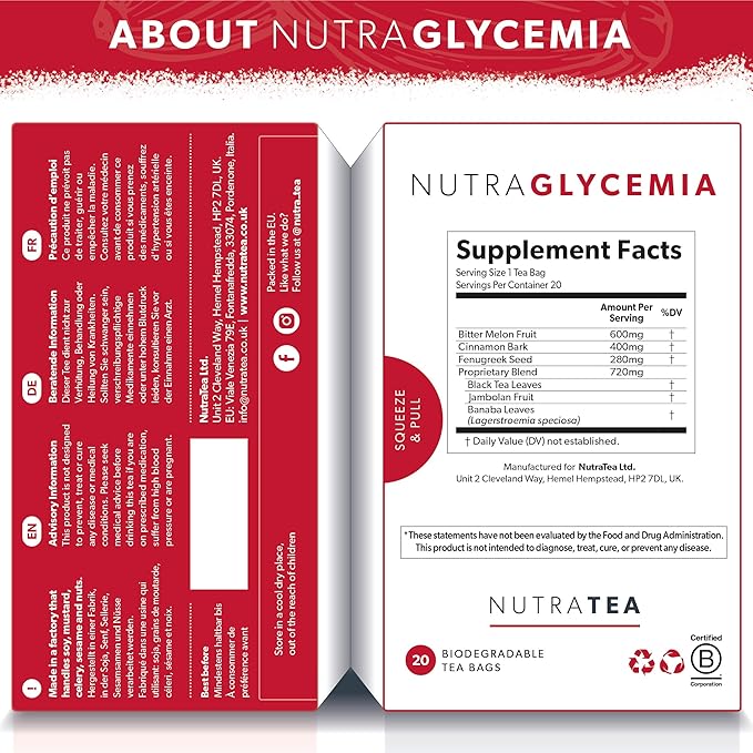Nutra Tea NUTRAGLYCEMIA - Glycemia Tea | Bitter Melon Tea - Sugar Support - Includes Bitter Melon Fenugreek &amp Banaba Leaf - 20 Individually Wrapped Bags - Herbal Infusion - (1 Pack)