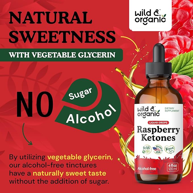 Wild &amp Organic Raspberry Ketones Liquid Drops - Vegan Raspberry Ketones Supplement for Overall Well-Being - 5-Month Supply - Non-GMO No Alcohol &amp Sugar - 4 fl oz