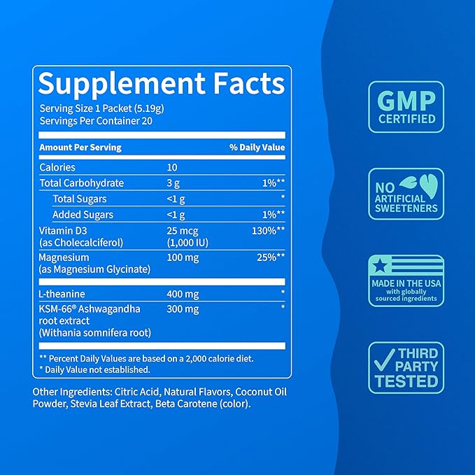Nello Supercalm Powdered Drink Mix Cortisol Reducer* and Sleep Aid Supplement L Theanine Ksm-66 Ashwagandha Magnesium Glycinate Vitamin D 3 No Sugar Non GMO On The Go 20 Ct Pina Colada