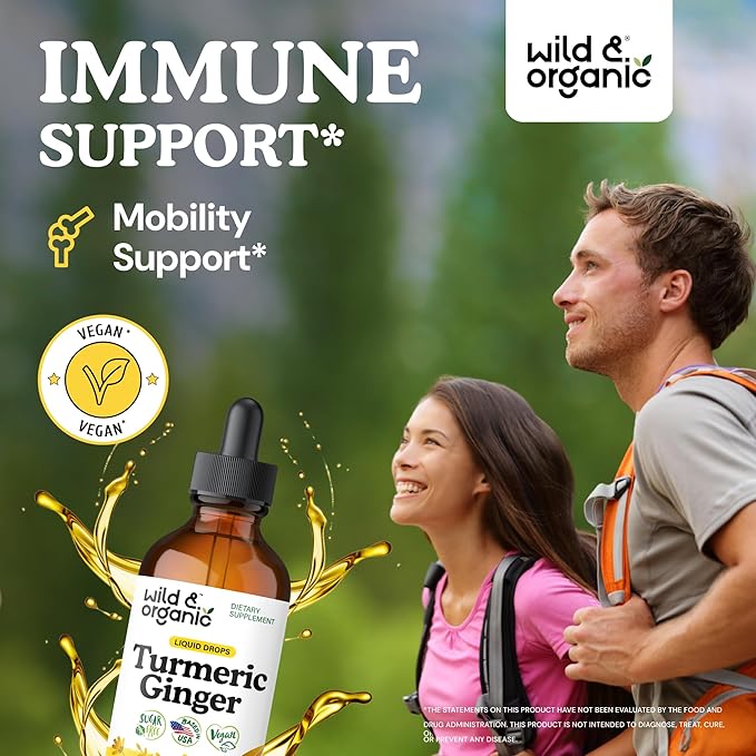 Wild &amp Organic Turmeric and Ginger Supplement Drops - Joint &amp Immune Support - Liquid Turmeric Curcumin with Black Pepper and Ginger - Curcumin Supplement - Vegan Sugar &amp Alcohol-Free Tin