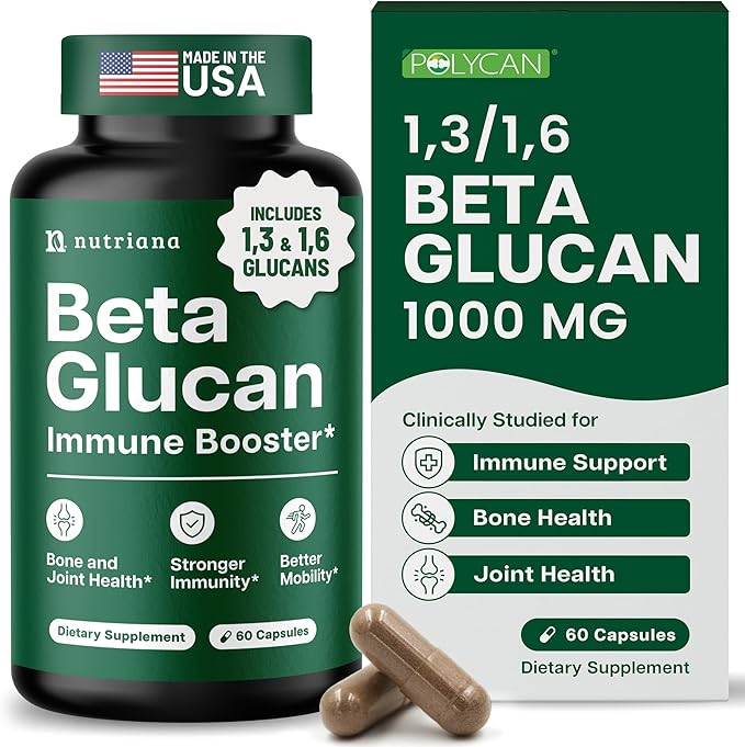 Nutriana Beta Glucan Supplements 1000mg – 13/16D Beta Glucan Capsules for Immune Support – Natural Beta Glucans Fiber Supplement – 60 Veggie Capsules (60 Count Unflavored)