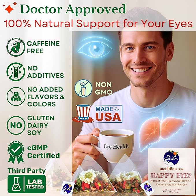 Dr. Lu’s Happy Eyes Tea | 100% Natural Eyebright Tea for Liver Cleanse | Liver Detox tea for Eye Health | Chrysanthemum Cassia Seed Goji Berry 8 Premium Herbs in Corn Fiber Pyramid Bags | Made in US