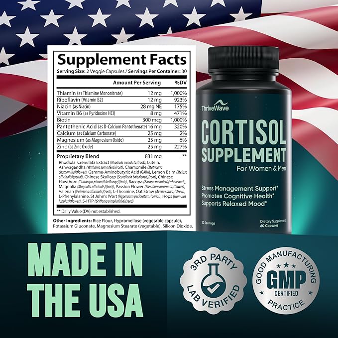 Cortisol Supplements for Women &amp Men - Bacopa Monnieri Lemon Balm Ashwagandha with 5 HTP GABA L-Theanine Supplement - Stress &amp Mood Support for Adults - Happy Pills for Nerve Calm - 60 Cap