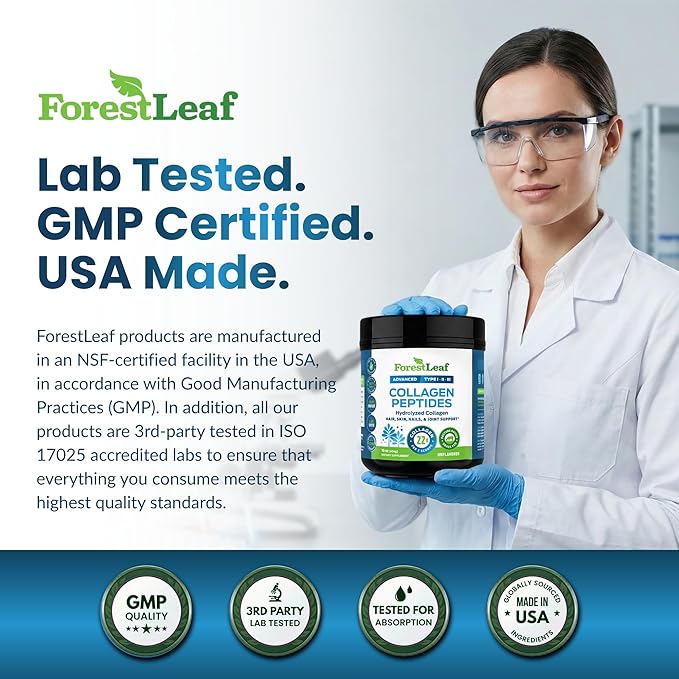 ForestLeaf Collagen Peptides Powder Unflavored - Hydrolyzed Grass Fed Keto Collagen Protein Powder Type 1 2 &amp 3 - Vital Hair Skin Nails Joints Recovery 11g Per Serving