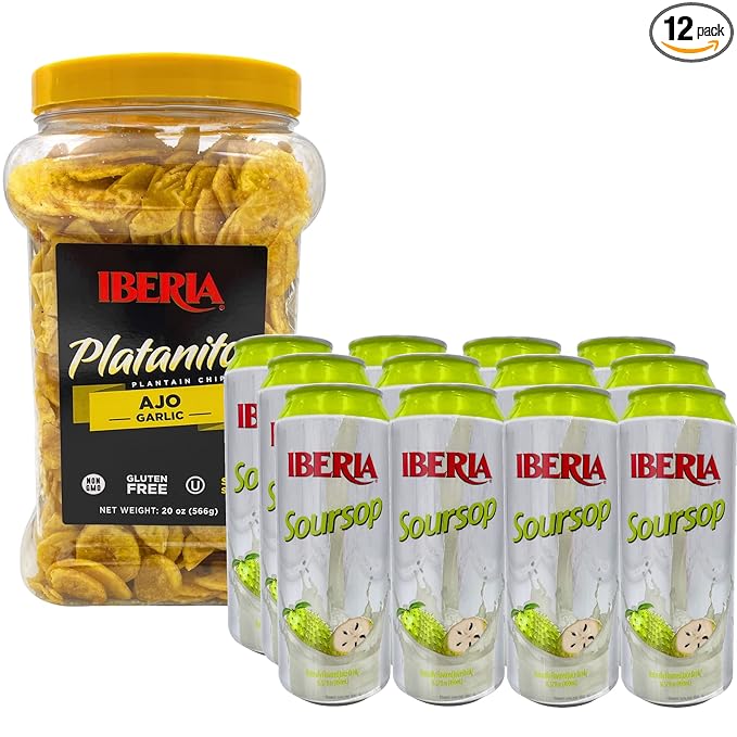 Iberia Soursop Juice Drink 16.57 Fl Oz (Pack of 12) + Iberia Garlic Plantain Chips 20 Oz.