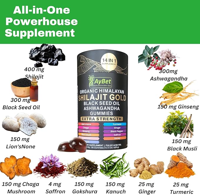 Organic Himalayan Shilajit Gold Gummies for Men and Women Black Seed Oil Ashwagandha Ginseng Turmeric Gokshura Lion's None Lab Tested%75 Fulvic Acid No Sugar Added Halal 90Gummy