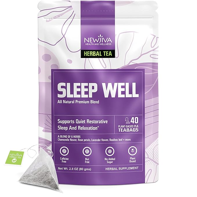 Newjiva Sleep Well Herbal Tea - 40 Tea Bags Per Pack - All Natural - Caffeine Free - Includes Chamomile Rose Lavender Jasmine Ashwagandha &amp more - GMP Certified Facility