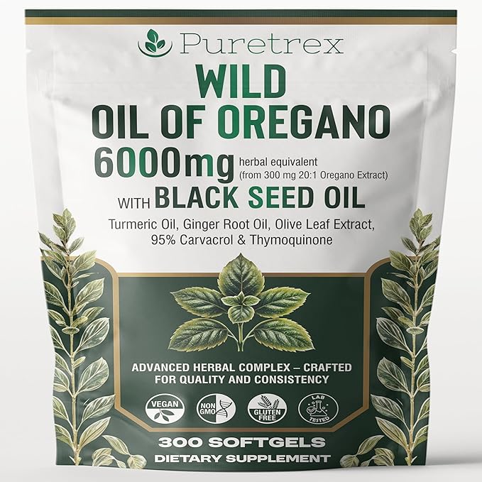 Wild Oil of Oregano 6000mg with Black Seed Turmeric &amp Ginger – 300 Softgels | 95% Carvacrol &amp Thymoquinone | Immune Gut &amp Respiratory Support | High-Potency Herbal Complex – Vegan &amp