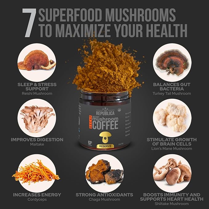 La Republica Founders Reserve Decaf Instant Mushroom Coffee Organic (35 Servings) Premium 50% More Shrooms Rich Flavor