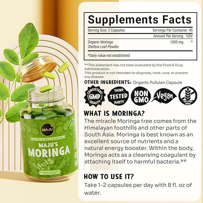 Maju Superfoods Organic Moringa Capsules Oleifera Leaf Extra-Fine Quality Moringa Leaves Dried Drumstick Tree Leaves Organic Moringa Powder Extract Supplement Capsules from Plant (90 ct)